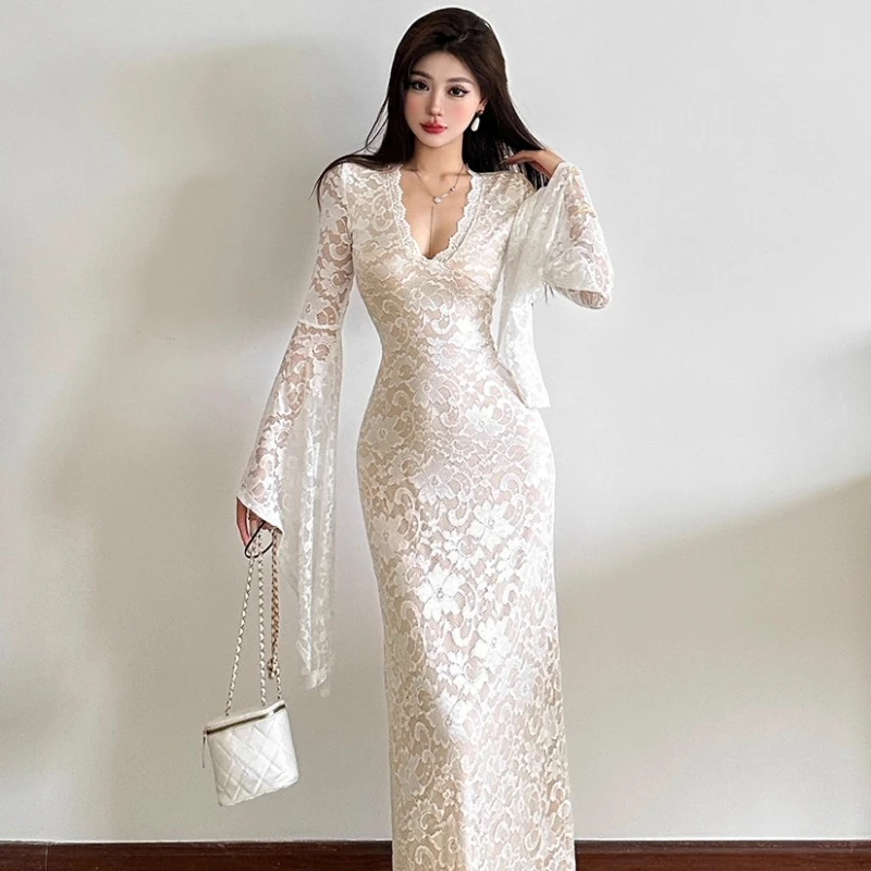 التصميم الفرنسي الأبيض رومانسية مثير الملابس النسائية 2025 الخريف جديد الدانتيل الكروشيه الخامس الرقبة متوهج كم التخسيس فساتين السيدات #3