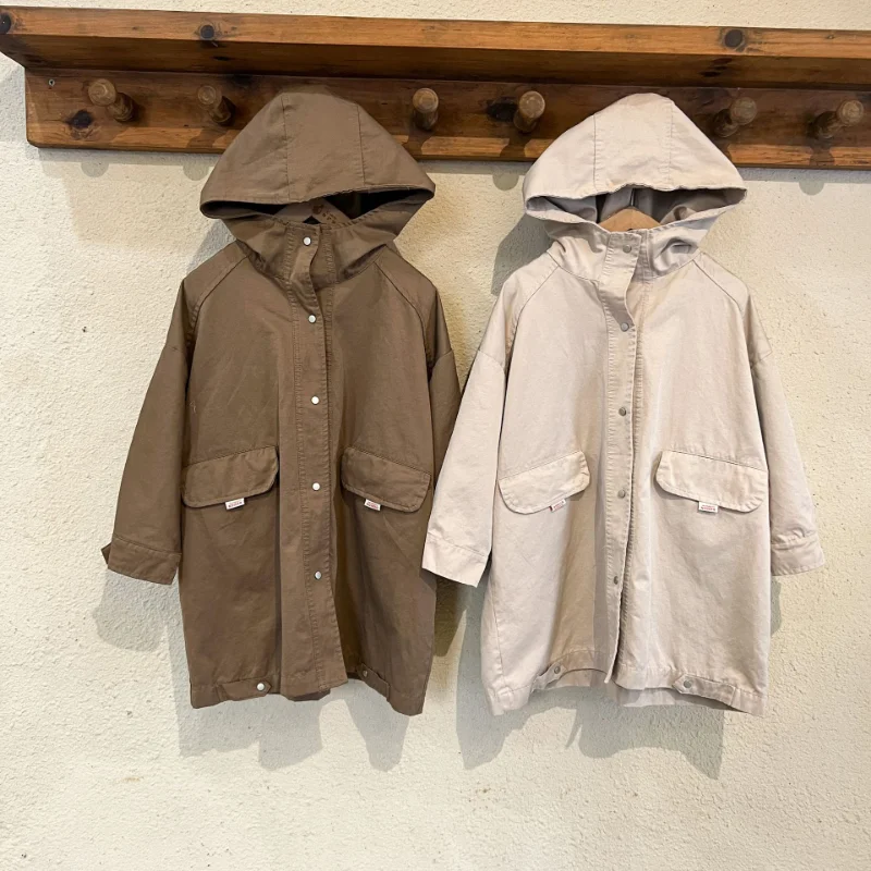 Spring Autumn Kids Coats solid color Mid-length windbreak Boys and girls oversized trench jackets