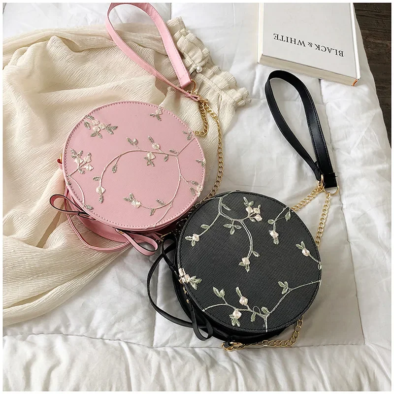 Shoulder Bag Embroidery Zipper Diagonal Bags Mobile Chain Bag Fashion Lace Women\'s Small Round Bag  Literary Chinese Style