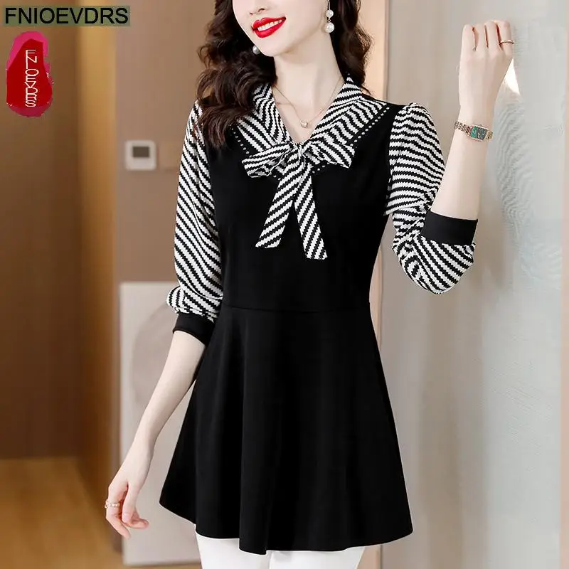 M-4XL Hot Sales 2023 Women Long Sleeve Elegant Office Lady Work Basic Wear Black Casual Bow Tie Belly Tunic Peplum Tops Blouses