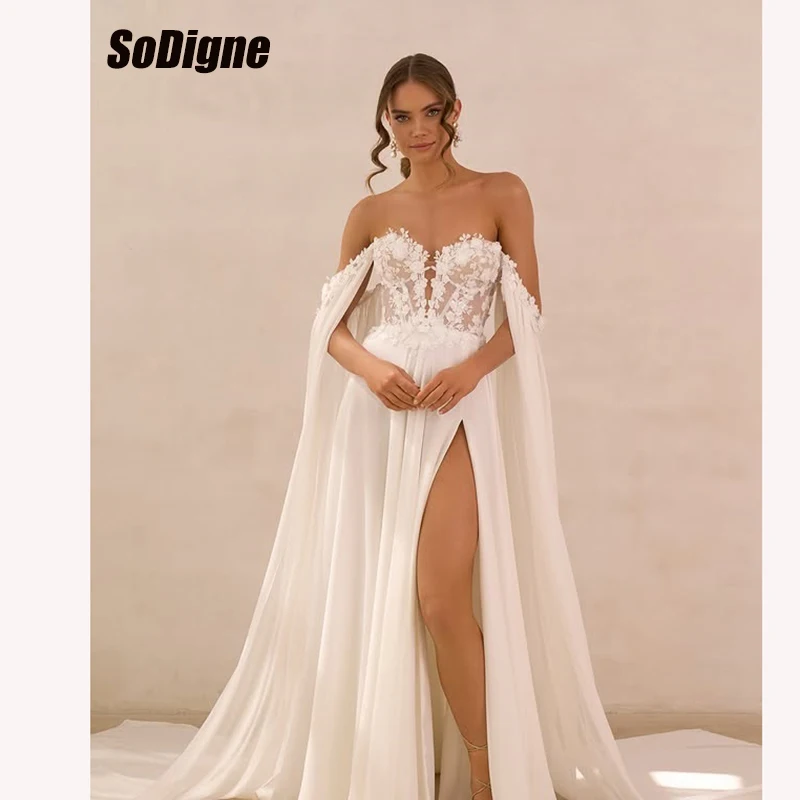 

﻿ SoDigne A-line Chiffon Wedding Dresses Sweetheart Appliques Bridal Dress Split Bride Gown vestidos de novia Customized
