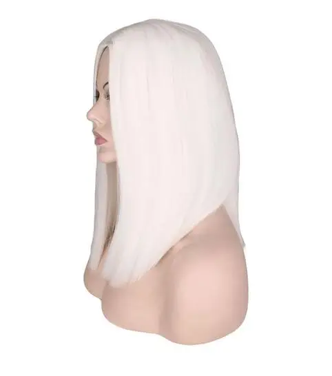 Peluca Bob corta recta para disfraz de fiesta de Cosplay, pelo sintético de fibra de alta temperatura, color blanco, 14 pulgadas