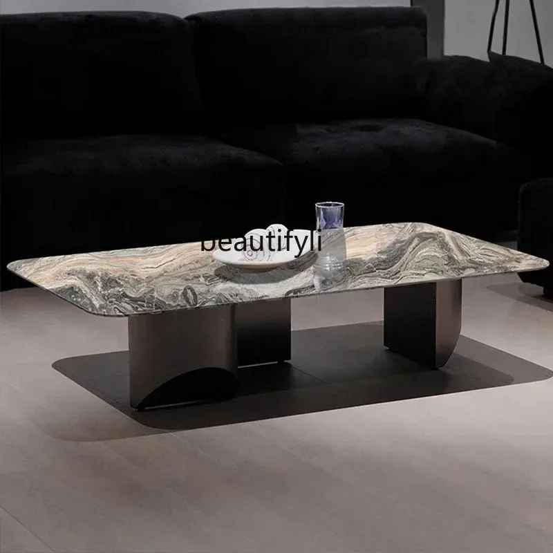 Light Luxury Rectangular Natural Marble Tea Table Living Room Modern Minimalist Luxury Stone Stainless Steel Tea Table