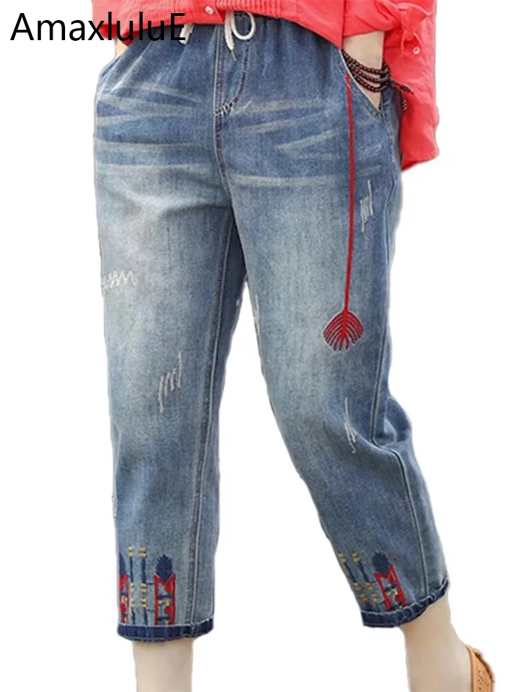

AmaxluluE Fashion Summer Ladies Ripped Loose Jeans Womens Leisure Embroidery Denim Trousers Vintage Females Elastic Harem Pants