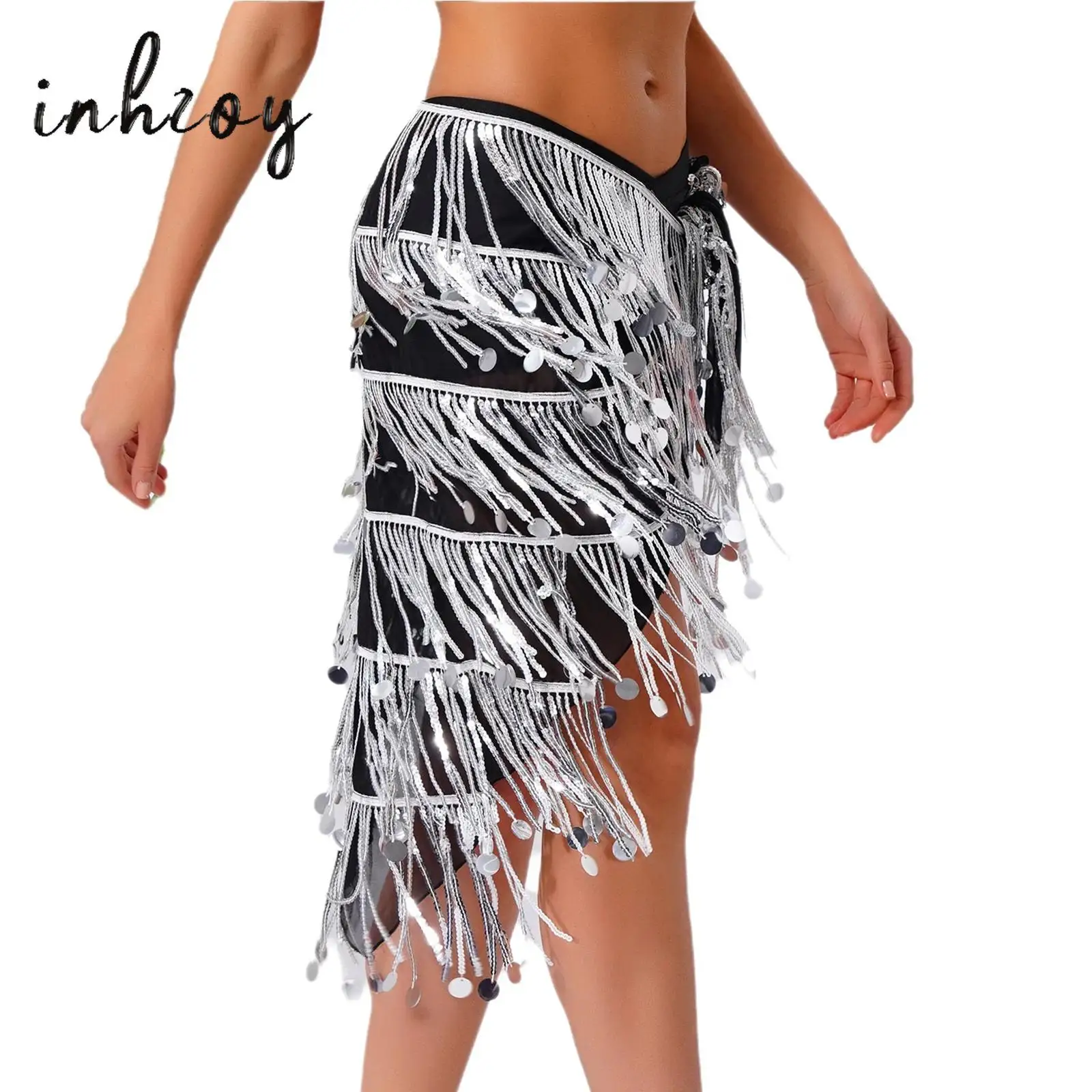

Womens Latin Belly Dance Hip Scarf Glittery Sequin Tassel Triangle Waist Chain Lace-up Hip Skirt for Dance Class Performance