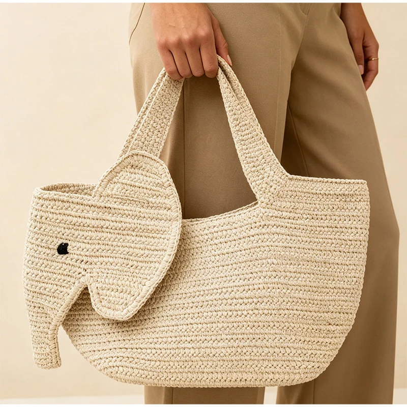 Elefantenförmige Raffia Handgewebte Strohtasche, Damen Schultertasche, Sommer Strand Urlaub Seaside Casual Tragetasche, Leichtgewichtig – Detail 17