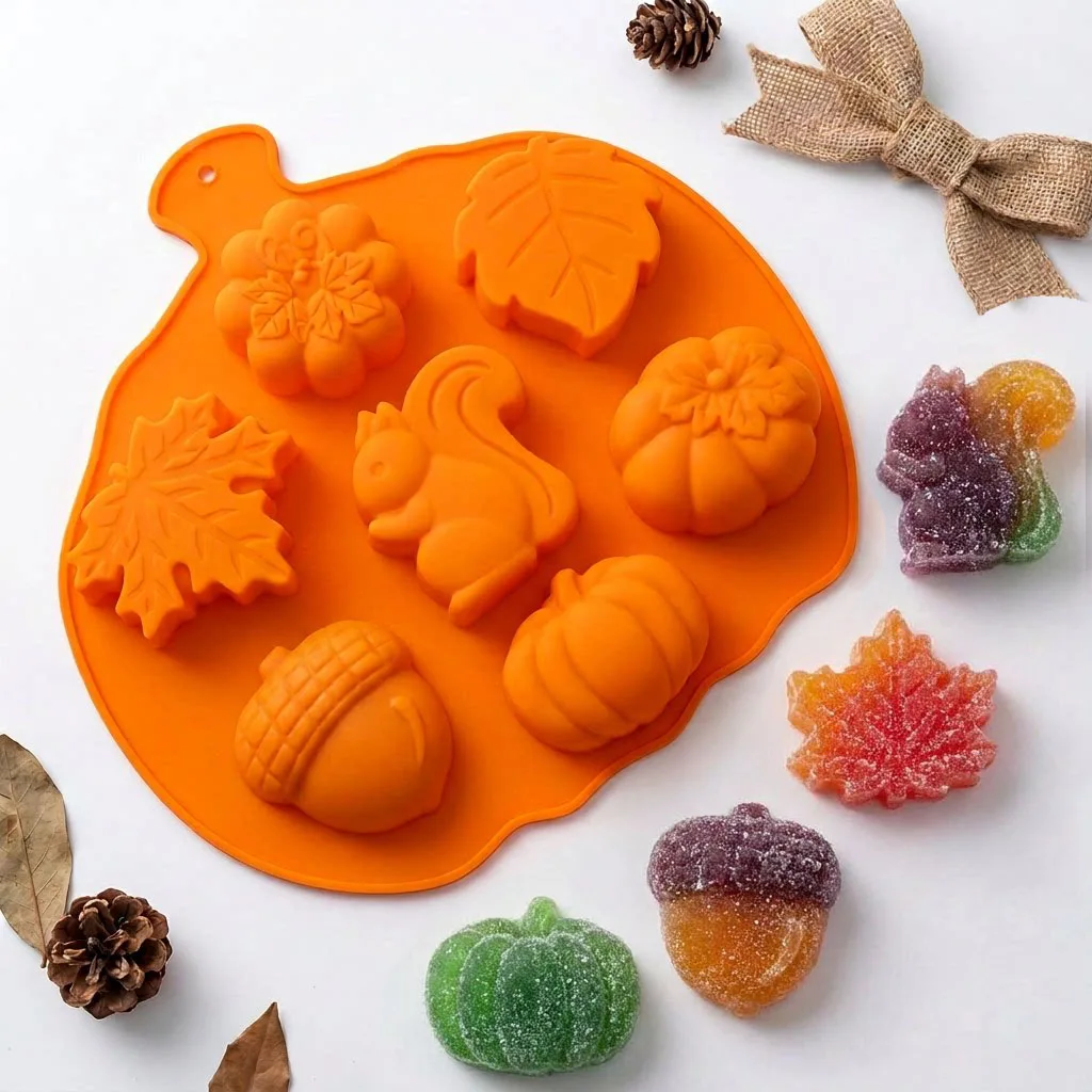 7 Cavity Autumn Fall Silicone Mold, Squirrel Pumpkin Acorn Maple Leaf For Mousse Cake Jelly Candle Soap DIY Craft Baking