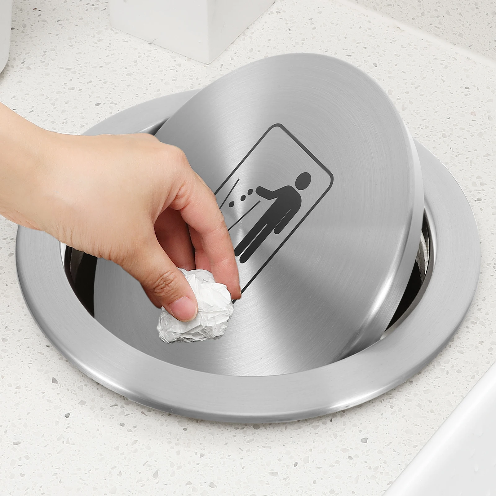 

Embedded Trash Can Lid Stainless Steel Countertop Garbage Cover Bathroom Chute Kitchen Office Swing Flap Elegant Round