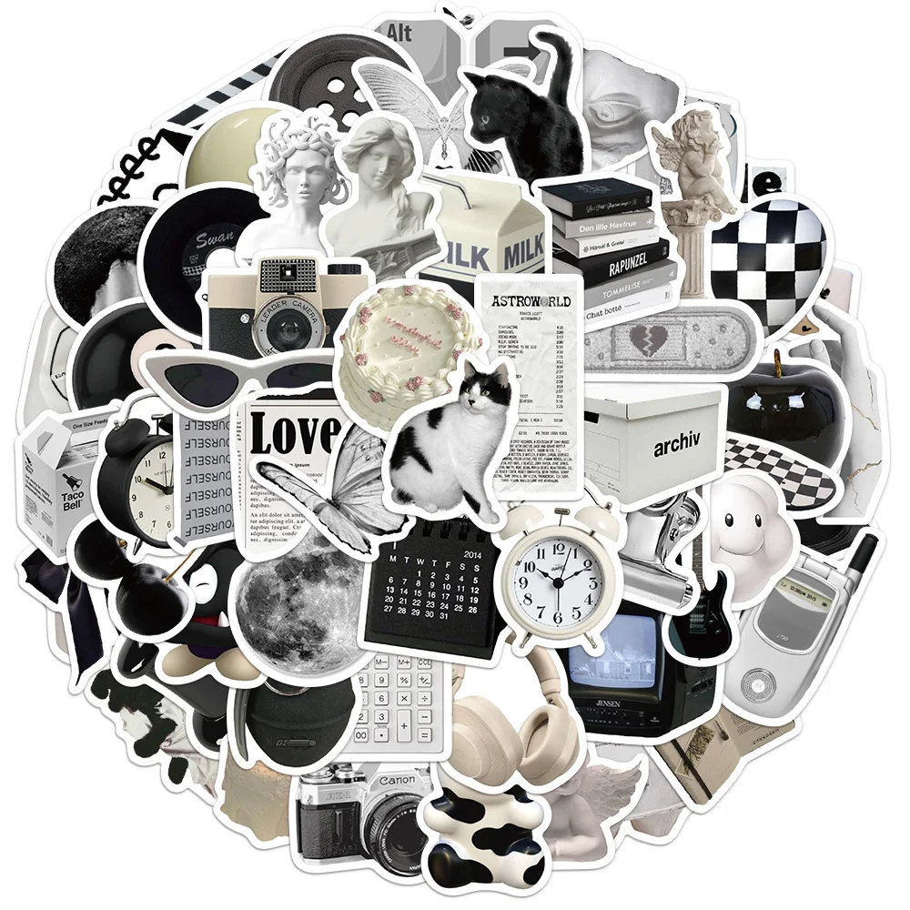 50PCS Black and White Minimalist Cartoon Sticker Bag DIY Sticker Label Tablet Water Cup Decoration Sticker