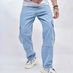 Denim Straight Ankle Length Pants Men Jean Washed Zipper Fly Jeans Loose Fit Solid Pockets High Street Vintage Spliced 2024