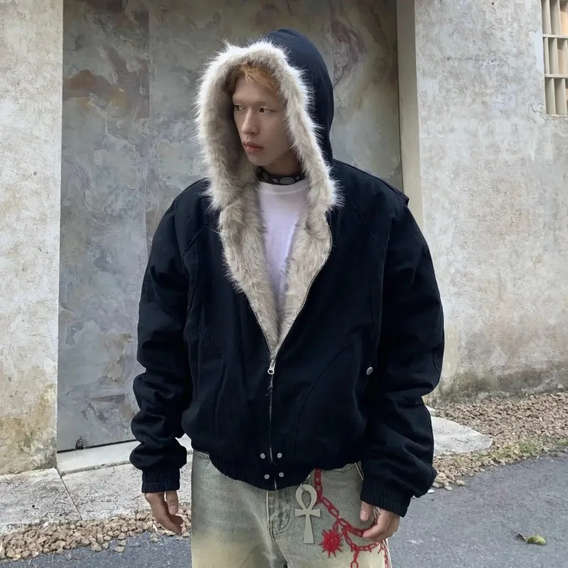 

Fur Collar Velvet Padded Warm Work Jacket For Men And Women Y2K New Harajuku Gothic Casual Joker Jackets Streetwear Coat Male