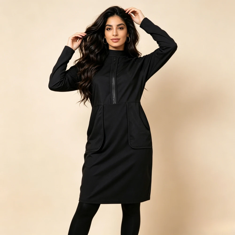 3Pcs Muslim Burkini Swimsuit Front Zip Pockets Design Full Coverage Long Sleeve Modest Islamic Bathing Suit with Hijab for Women
