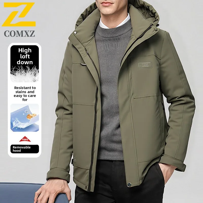 COMXZ 2025 Winter Down Jacket Mens High-end Luxury Lightweight White Duck Down Warm Parka Cleanfit Waterproof Hooded Puffer Coat