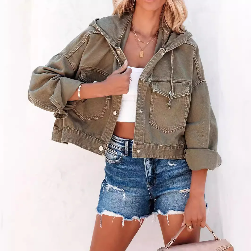 Giacca di jeans da donna Cappotto corto Tasche con cappuccio Cappotto lavato monopetto Giacche streetwear 2025 Capispalla vintage autunnale