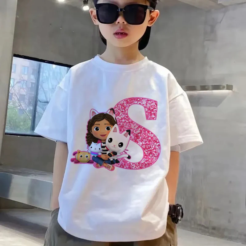 Gabby Dollhouses T-shirt per bambini T-shirt con lettere inglesi T-shirt a maniche corte simpatico cartone animato Top Abbigliamento casual estivo