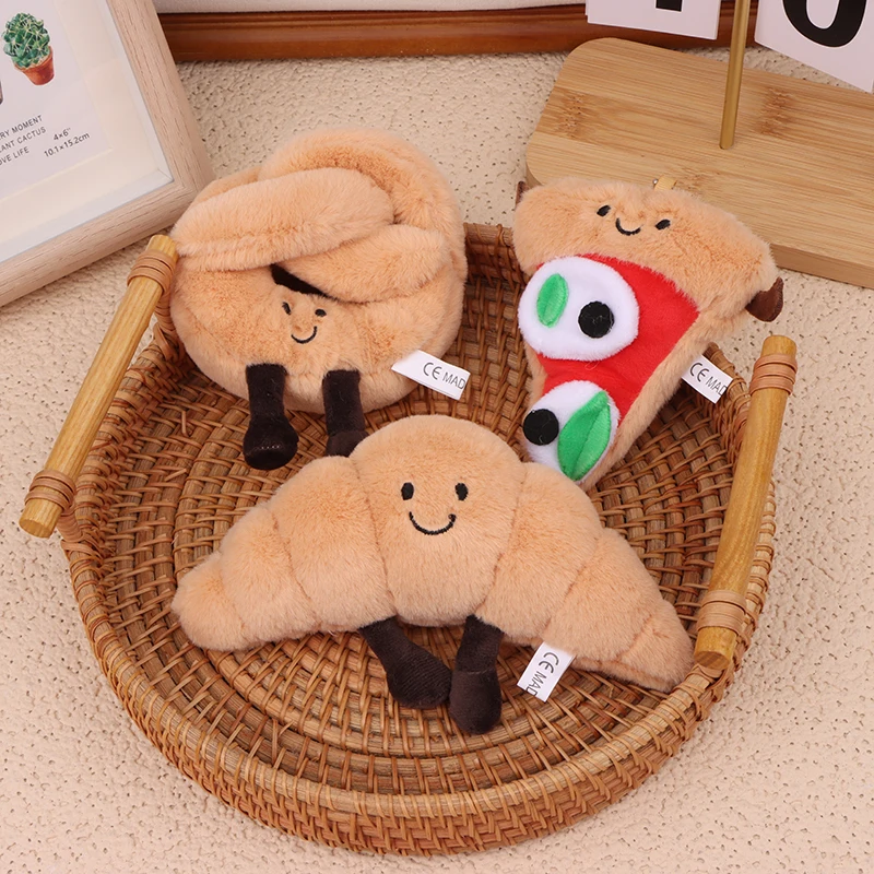 1PC Car Keyring Bag Accessories Funny Plush Pizza Bread Pendant Cartoon Stuffed Doll Croissant Keychain Hanging Ornament