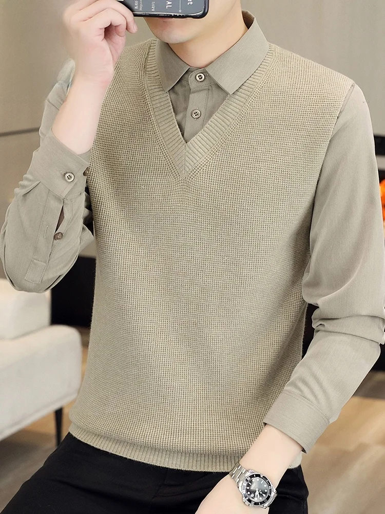 

Fake Two-Piece Knitwear Casual Inner Wear Base irt Men's Winter New Sle Polyester Blend Long Sve V-Ne Sweater