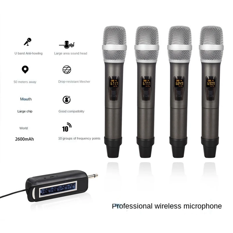 Wireless Microphone System 4 Channel UHF Wireless Microphone Set With Four Handheld Microphones For Karaoke Weddings