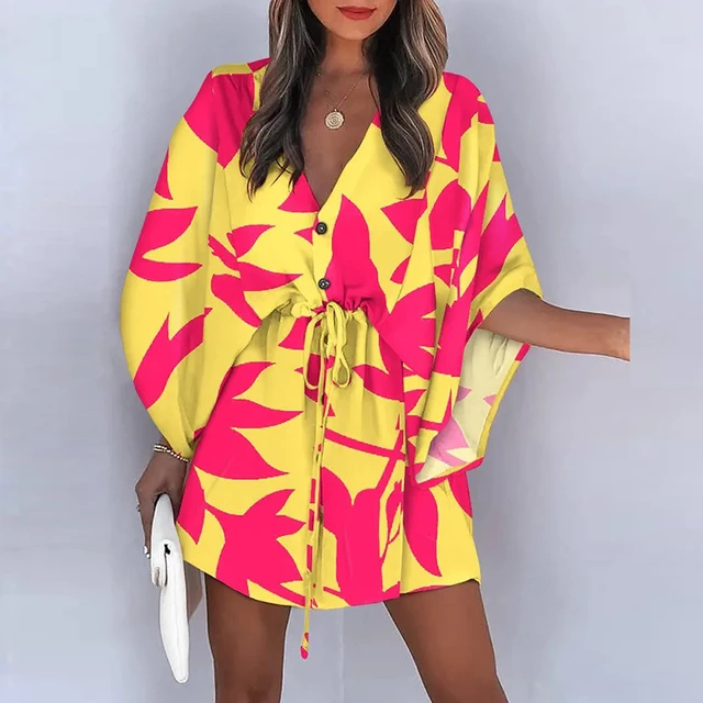 Women Casual Loose Dress Beach Boho Dress Fashion Vintage Print V Neck Drawstring Mini Dress Summer Dresses Robe Femme 2022