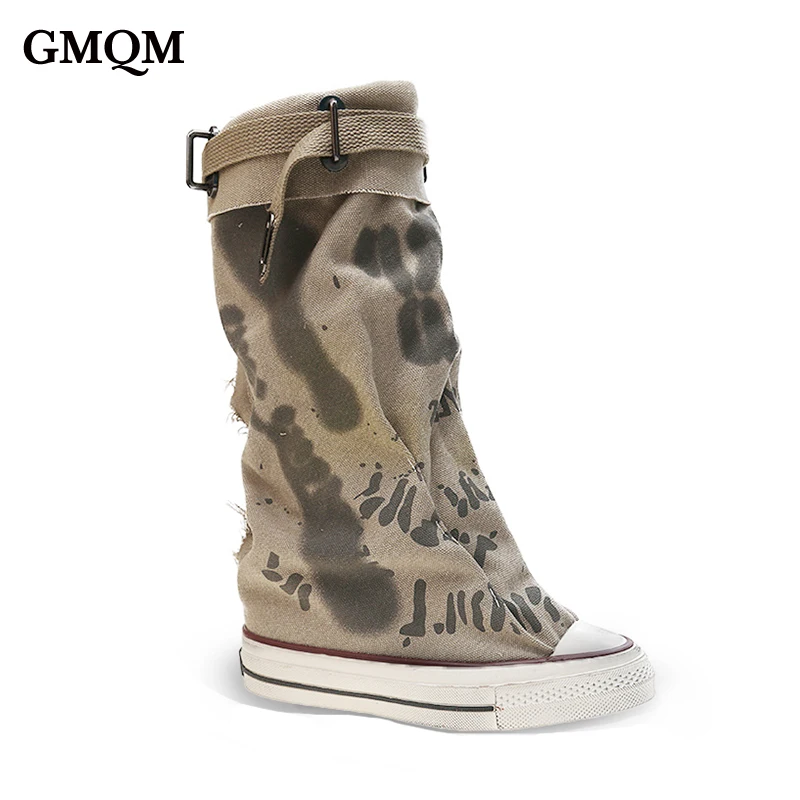 GMQM Fashion Wide Mid Calf Boots Slouchy Style Pull-on Flat Platform Boots Round Toe Sneakers With Buckle Straps Casual Shoes