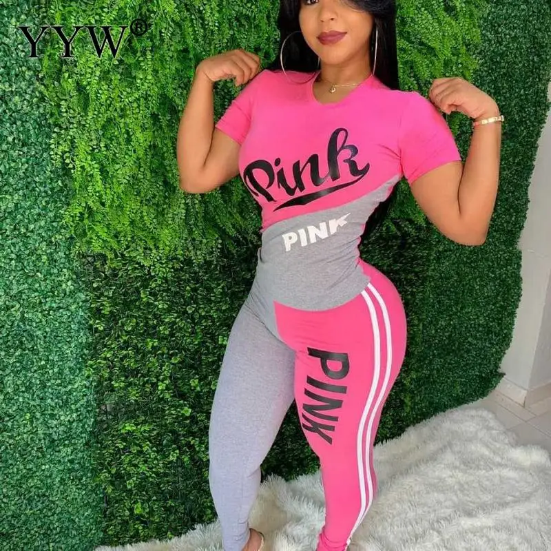 2022 New PINK Letter Print Sweatsuit Women Suit Short Sleeve Tops Skinny Pant Two Piece Tracksuit Summer Casual 2 PCS Set