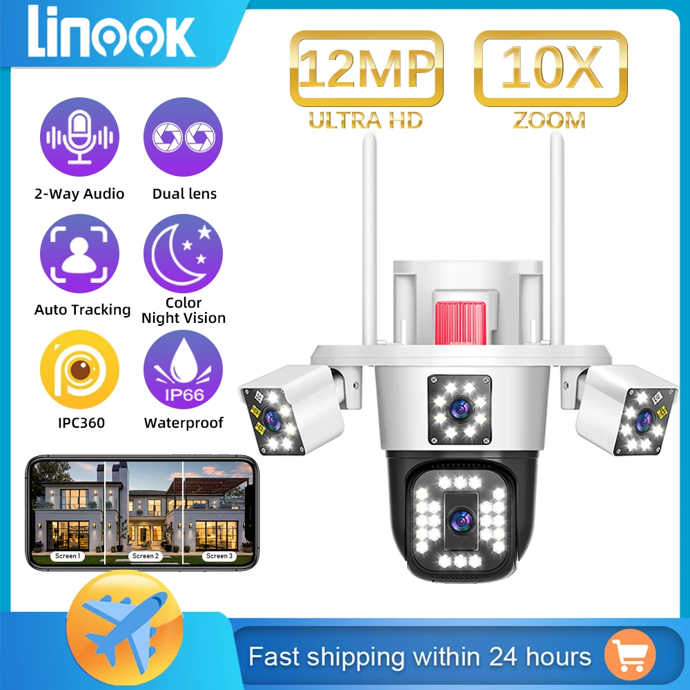 Linook IPC360 12MP 6K 3 lenzen WiFi bewakingscamera CCTV buiten WiFi camera IP camera, PTZ beveiliging