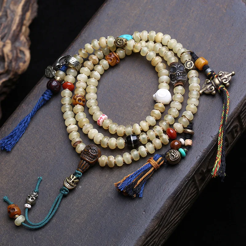 108-Bead Buddhist Prayer Beads Silk Pattern, Hand-Held With Tassels, Side-Hanging Accessory, Made Of Recycled Bone A