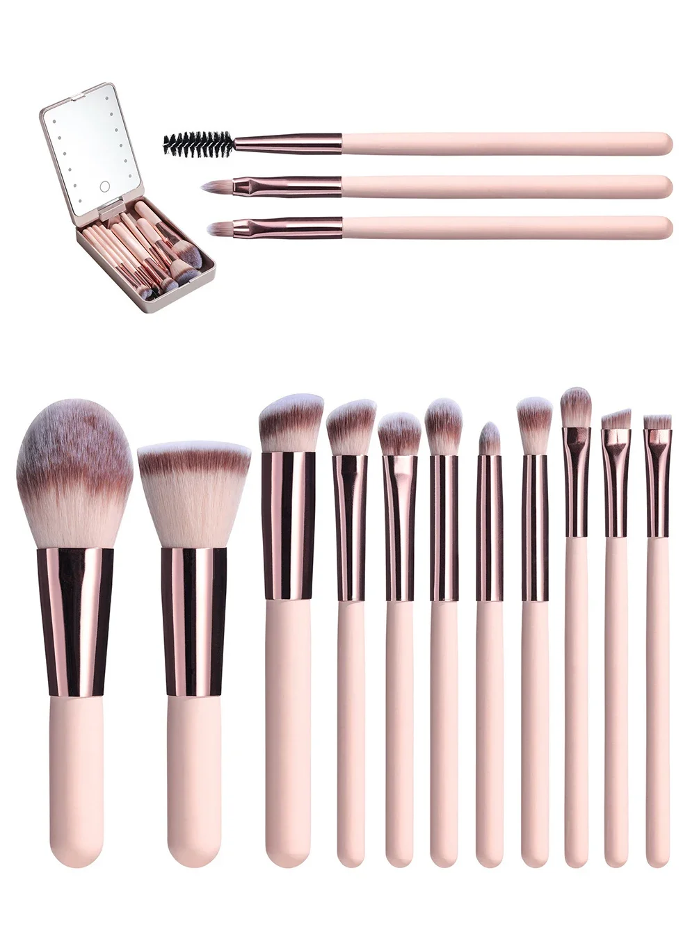 

Private Label Travel Makeup Brush Kit with Lightable Mirror Custom Logo Soft Bristles Smudge Tool Cosmetic Box Makeup Wholesale