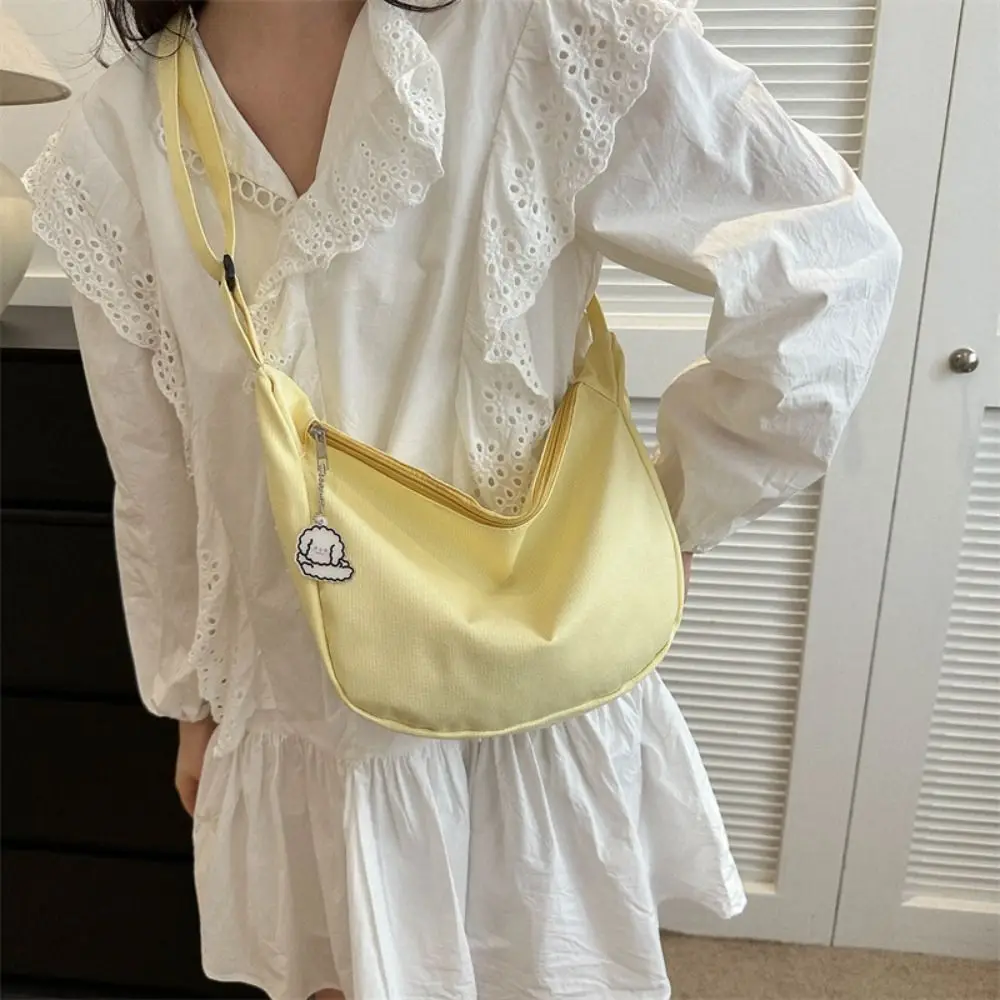 Korean Style Canvas Bag Large Capacity Cream Color Crossbody Bag with Pendant Student Lightweight Shoulder Bag