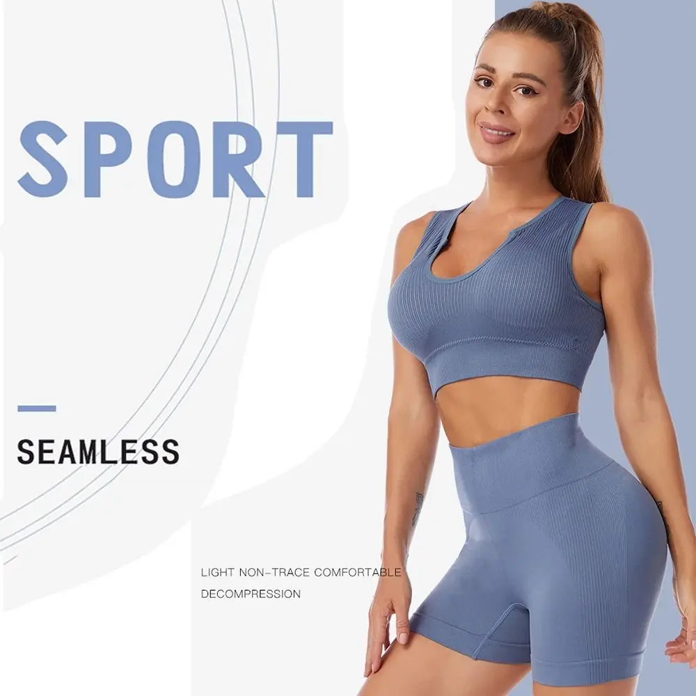 Shock Resistance Nylon Women Yoga Suit Rib-Knit Without Pad Workout Bra Shorts Set Ringless Breathable Fitness Crop Tops Gym