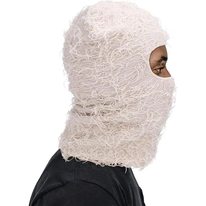RTENTE-Distressed Ski Mask Full Face Knitted Fuzzy Yeat Shiesty Distress Mask For Men Women Easy To Use About 38 X 22Cm White