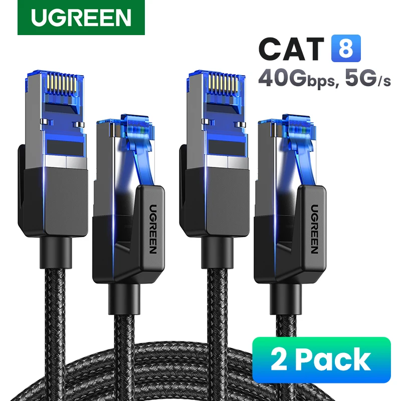 [2 Pack] UGREEN Ethernet Cable CAT8 40Gbps 2000MHz Networking Nylon Braided Internet Lan Cord for Laptops PS 4 Router RJ45 Cable