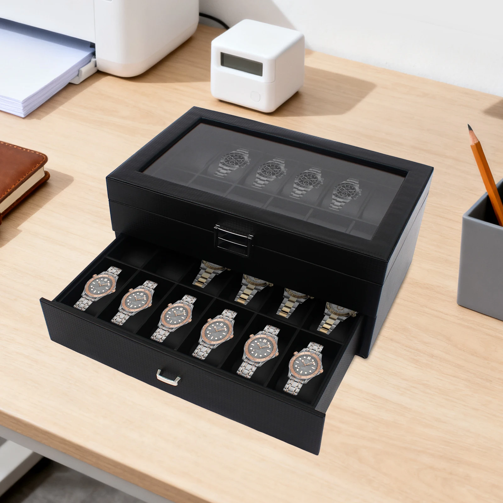 Caja de almacenamiento para relojes con 24 ranuras, vitrina de fibra de carbono de doble capa, organizador para relojes de pulsera, tapa de vidrio, soporte para joyas