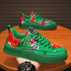 Men's Canvas Shoes Thick-soled Non-slip Vulcanized Shoes Green Trendy Printed Sports Shoe Soft Sole Casual Walking Shoes for Men