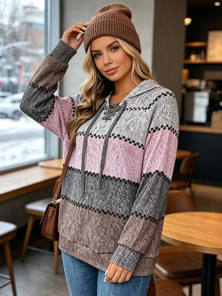 New Printed Hoodie Blouse Women 2026 Autumn Winter Loose Drawstring Pullover Sweatshirt Casual Streetwear Simple Long Sleeve Top