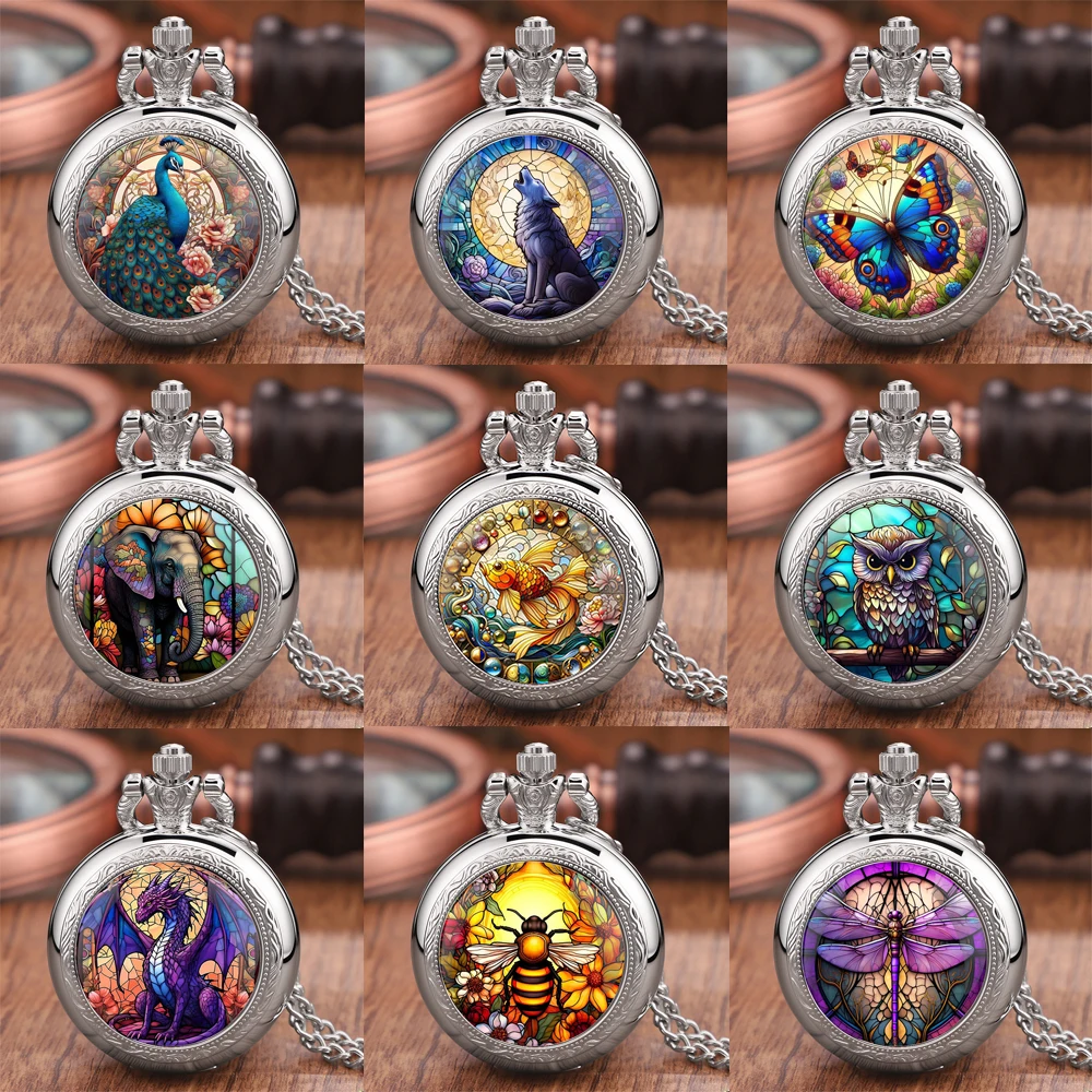 Vintage Oil Colorful Animal Design Quartz Pocket Watch Necklace Pendant Ideal Gift for Men & Women Kids Pendant Birthday Gift