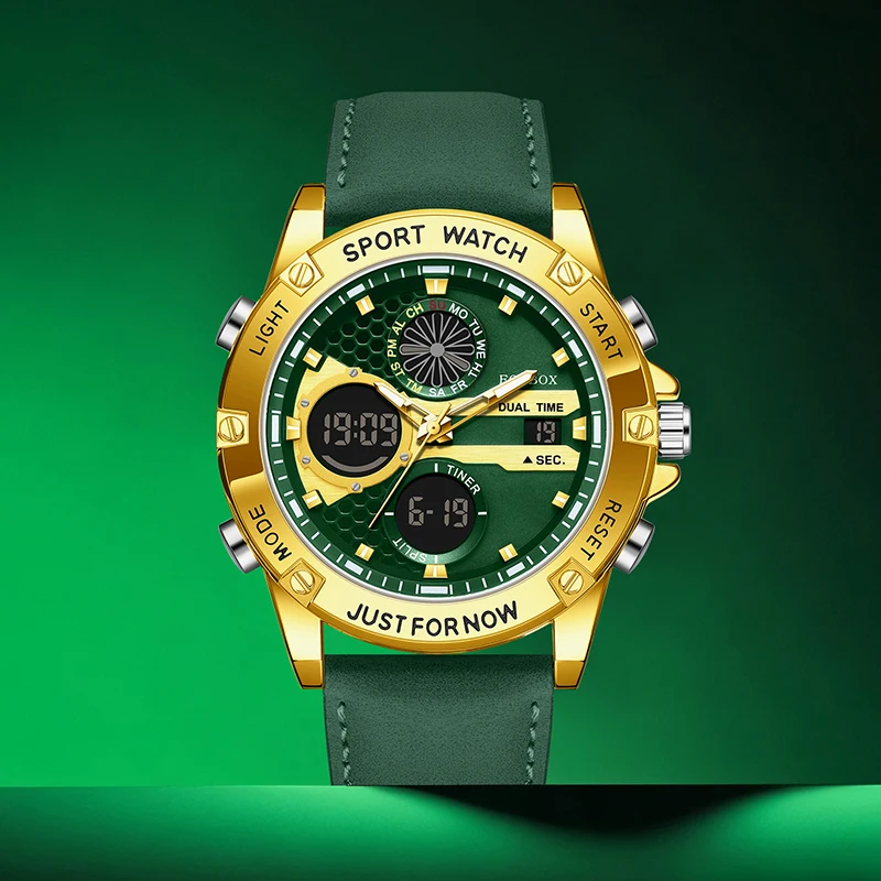 

FOXBOX Outdoor Electronic Watches for Men Fashion Casual Sports Leather Waterproof Weeks Dual Digital Display Quartz Chronograph