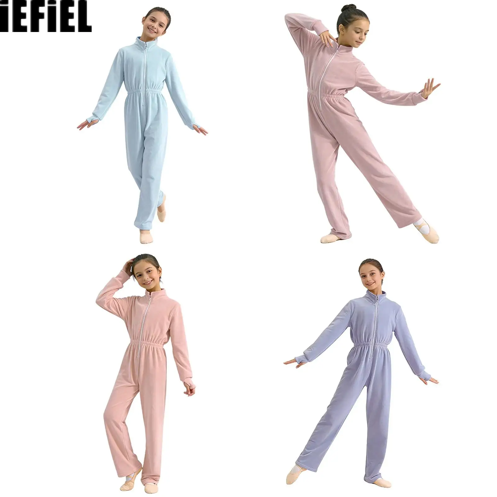 

Kids Girls Elastic Waist Bodysuit Zipper Front Fleece Stand Collar Long Sleeves Dance Jumpsuit Dancewear Homewear
