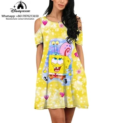 3D Cartoon SpongeBob abito a maniche corte con spalle scoperte, abito alla moda, casual e confortevole, gonna ampia adatta per summe