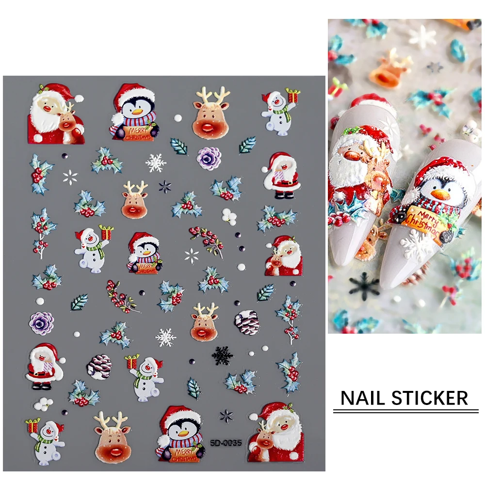 5D 입체 크리스마스 진저브레드맨 네일 스티커 크리스마스 레드 벨 리본 사탕 쿠키 네일 데칼 셀프 접착 네일 장식