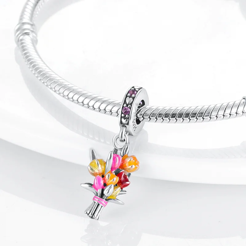 925 Sterling Silver Carnation Charms Beads Zircon Dangle Fit Original Bracelet DIY Women Birthday Anniversary Jewelry Gifts