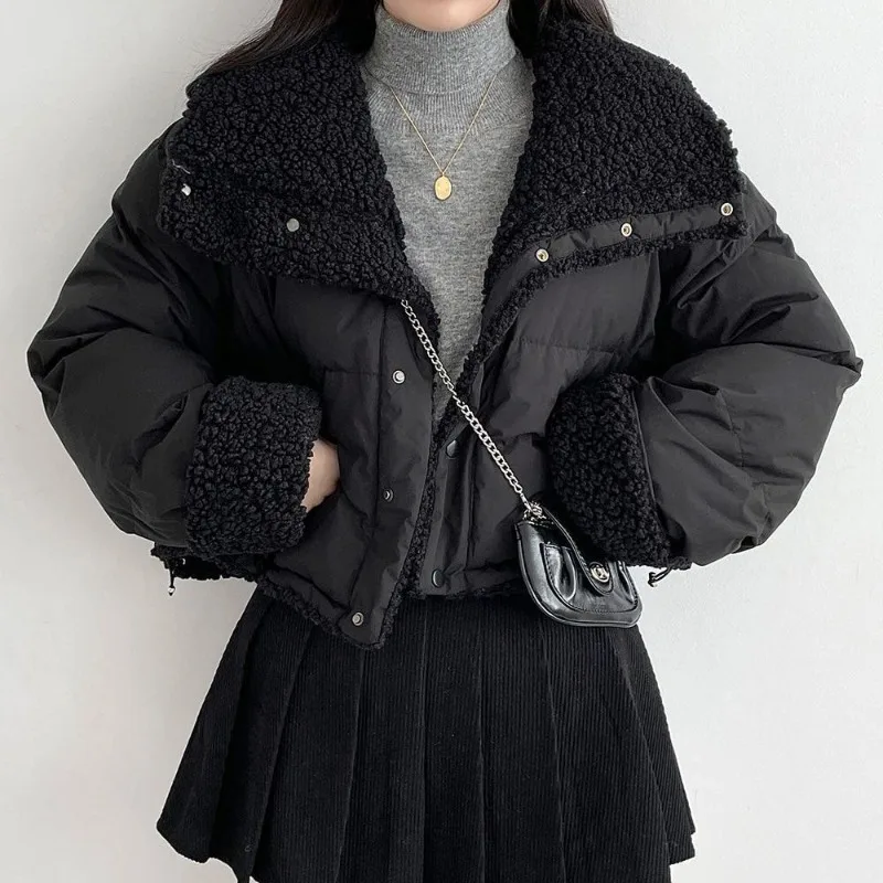Lamb Fur Patch Lapel Down Jacket for Women in Short Style, Double-sided Wear, Cotton Fabric, Winter New Design, Thickened Coat