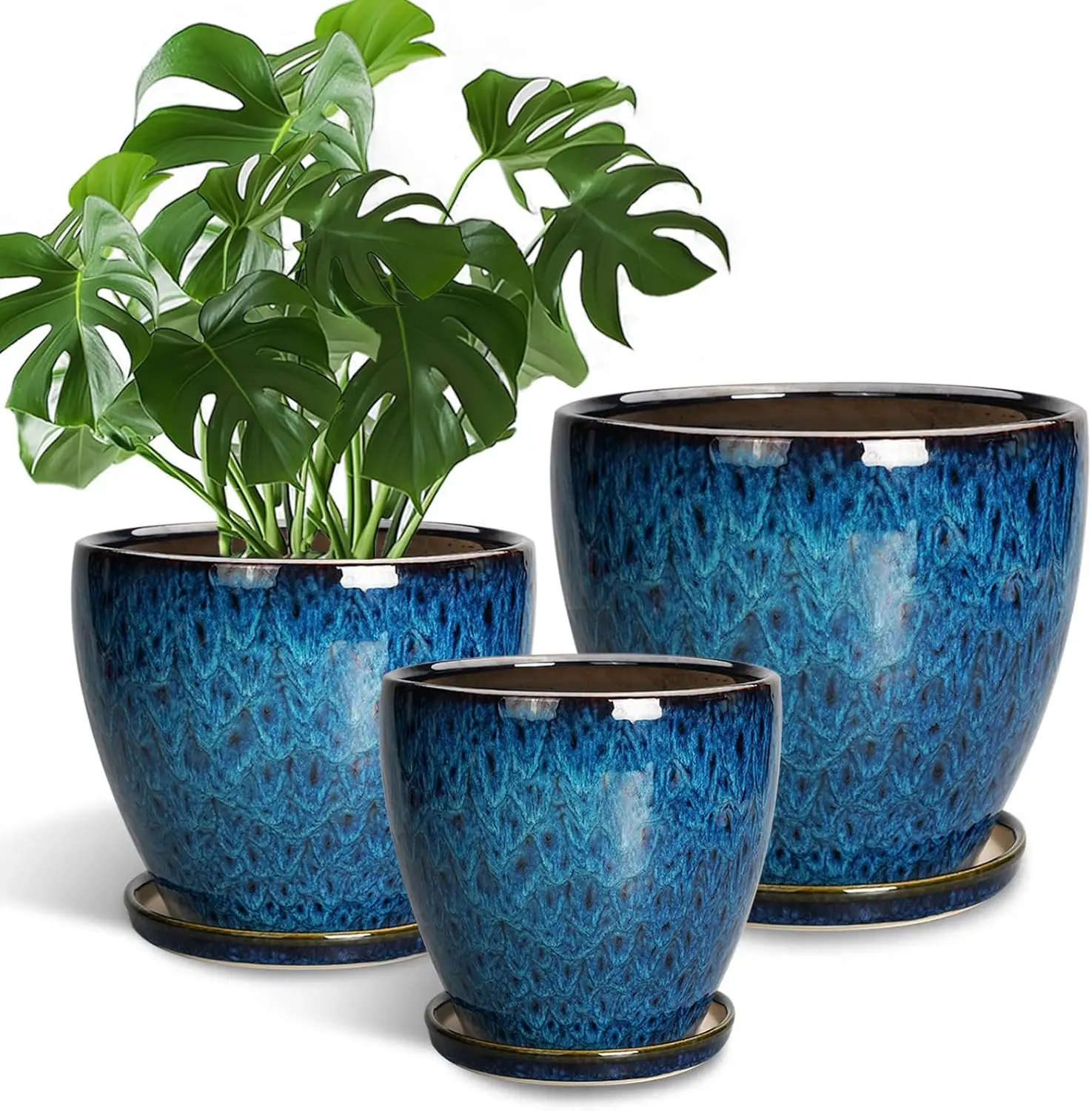 

3-Piece Ceramic Planter Set with Drainage & Saucers, 10+8+6 Inch, Blue, Indoor/Outdoor