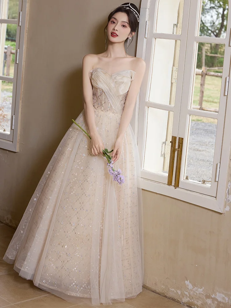 

Ele Off-oulder Long Dr for Women Birthday Par Celebration High-End mat Sle Bead Embellied Korean Sle