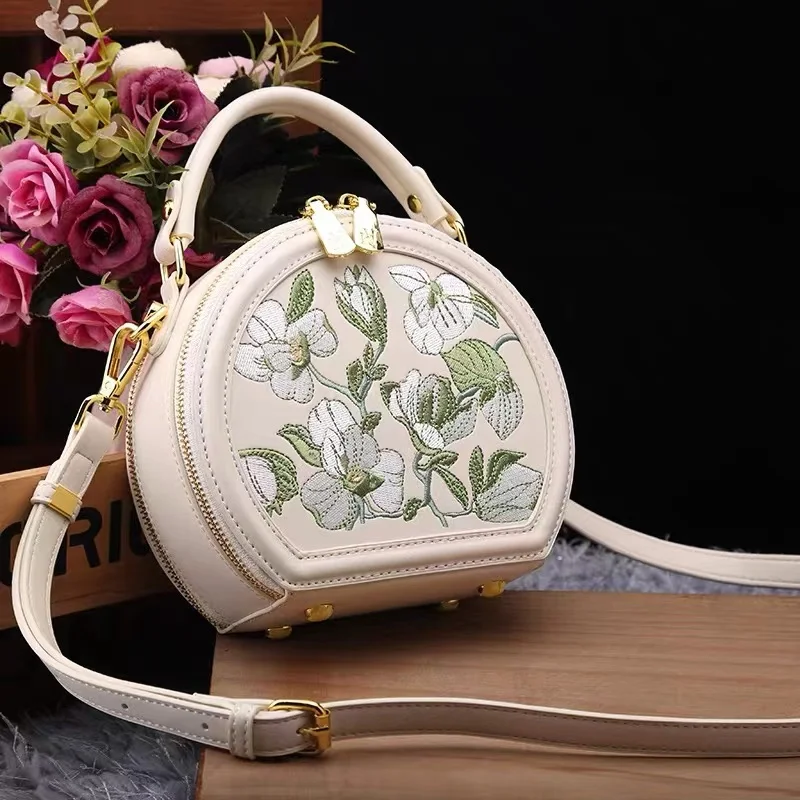 Borsa circolare floreale con ricamo in pelle testurizzata di alta qualità borsa da donna borsa a tracolla borsa a tracolla da donna borsa Casual da