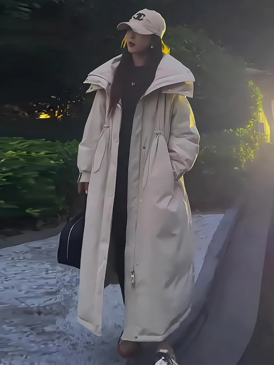 Faionable abrigo largo de lujo blanco Du down Puffer Jaet para mujer con diseño de sombrero Dstring prendas de vestir exteriores de invierno