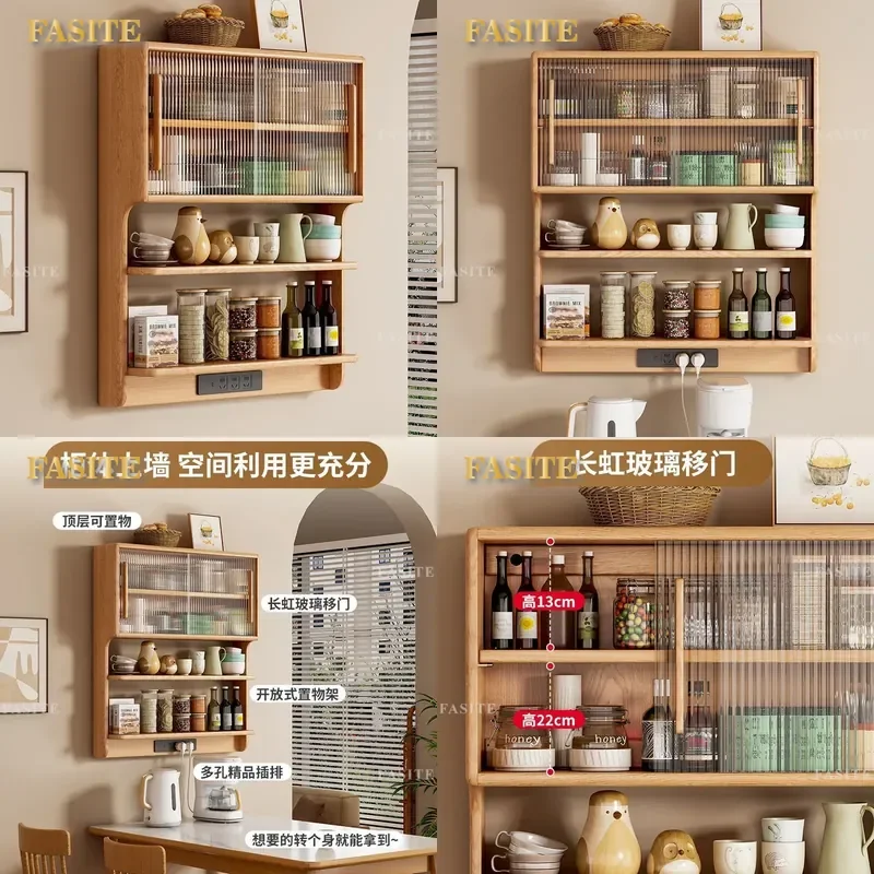 For Rubber Wood Wall Mounted Dining Side Cabinet Kitchen Restaurant Storage Rack Small Apartment Space Saving New Choice