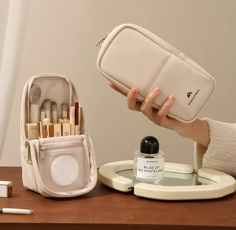 Portable Stand-Up Makeup Brush Storage Bag Multi-Compartment Travel Comestic Tools Bag Dustproof PU Cosmetic Brush Storage Pouch