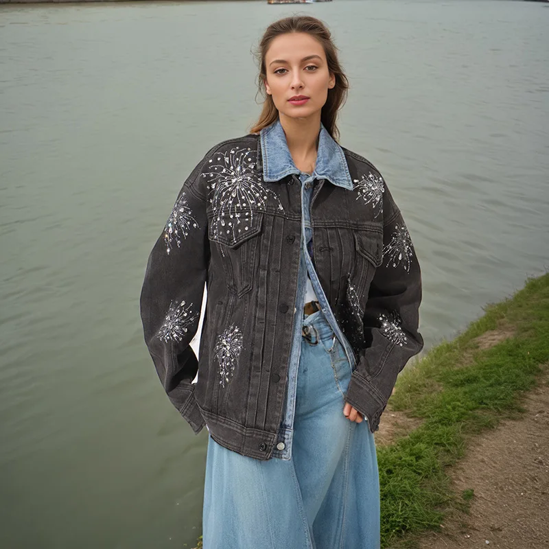 

Women's Elegant Casual Loose Long-Sleeve Denim Jacket Autumn New Rhinestone Collar Fashion Outerwear
