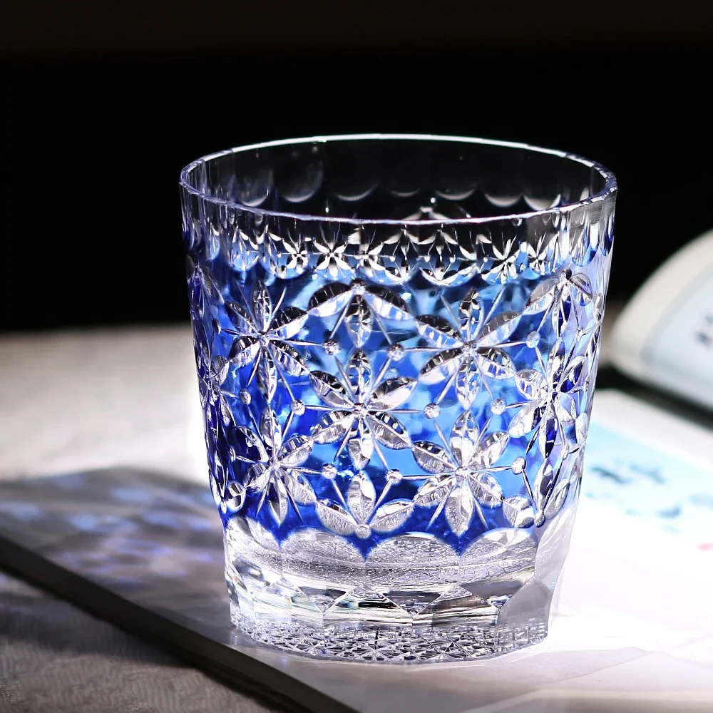 24% PbO Lead Blue & Green Crystal Whiskey Glass Japanese Edo Kiriko Hand Carved Pattern Artwork Old Fashioned Cocktail 320ml
